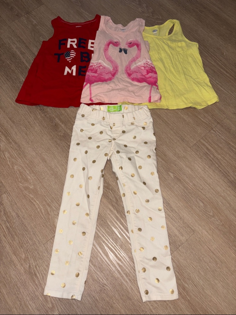 Old Navy Pink Flamingo Tank Top, 4th of July Tank, Yellow Tank and pants 5T